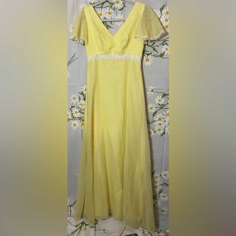 Vintage 70s pastel yellow white polka dot flutter sleeve formal empire gown - Picture 3 of 7